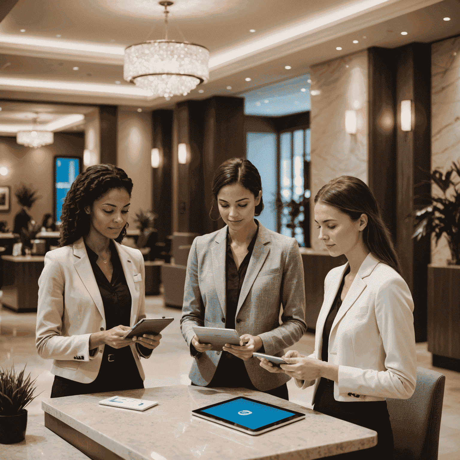 Imagen de un moderno lobby de hotel con recepcionistas utilizando tablets para gestionar reservas