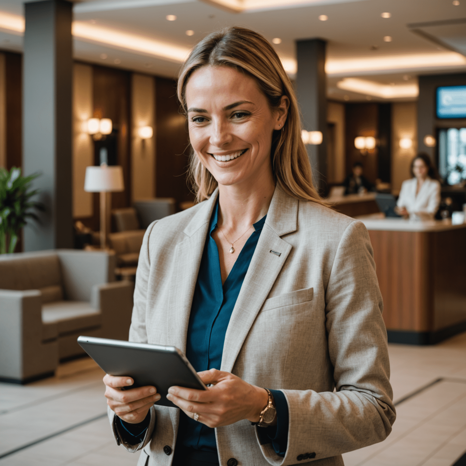 Huésped sonriente utilizando una tablet en el lobby de un hotel moderno, interactuando con las nuevas herramientas digitales de Wutbooking PMS