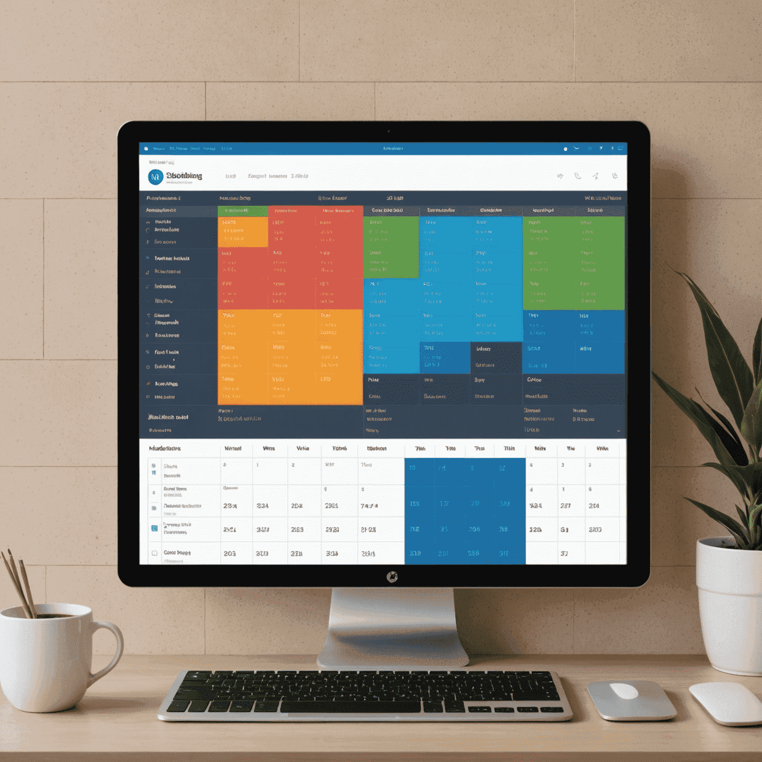 Interfaz de usuario del sistema de gestión de reservas de Wutbooking PMS, mostrando un calendario interactivo con diferentes colores para indicar el estado de las habitaciones