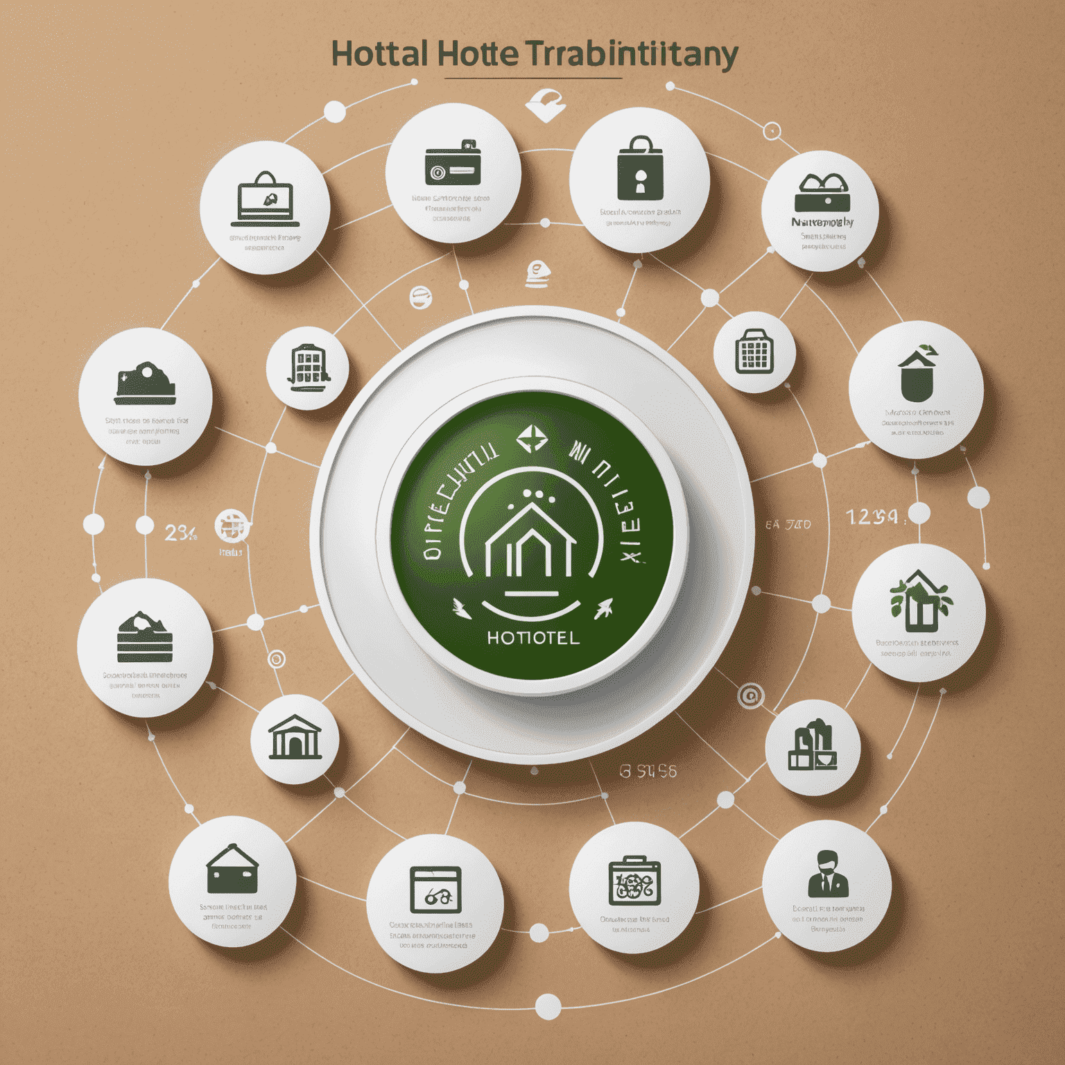 Gráfico que muestra las tendencias actuales en la industria hotelera, incluyendo iconos de tecnología, sostenibilidad y personalización