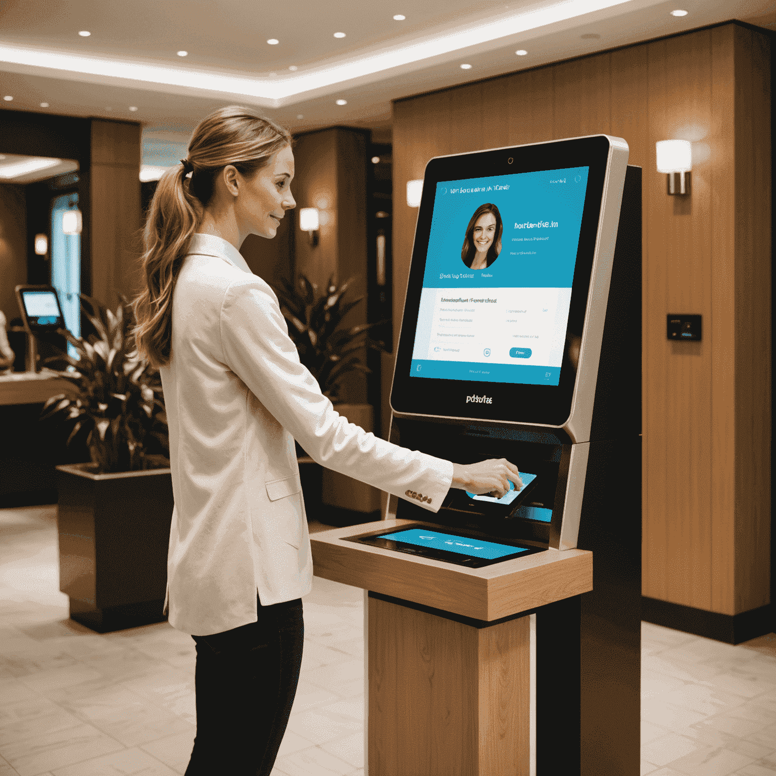 Huésped realizando check-in digital en un quiosco moderno en el lobby del hotel, con la interfaz de Wutbooking PMS visible en la pantalla