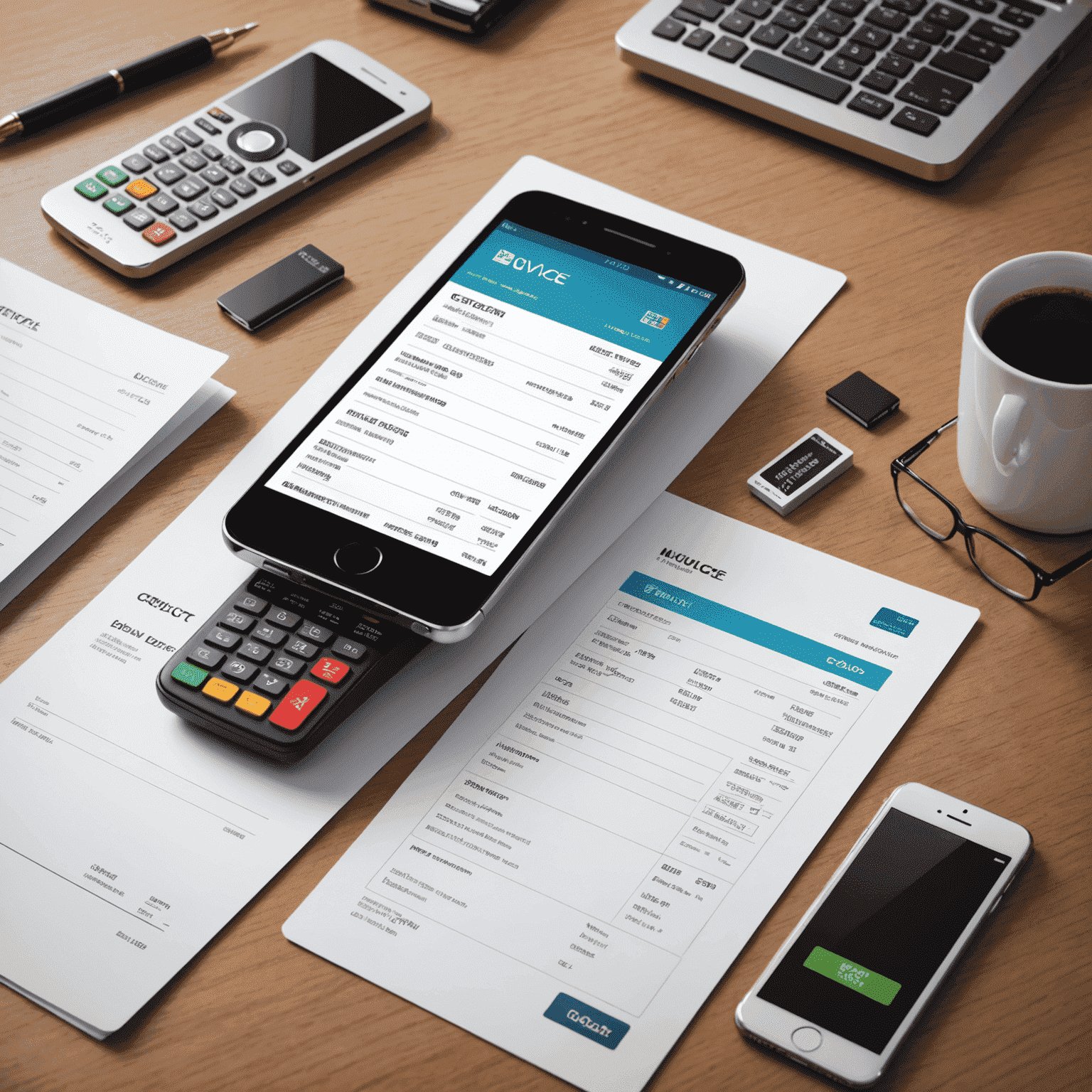 Imagen de una factura electrónica y varios métodos de pago, incluyendo tarjetas de crédito y pagos móviles