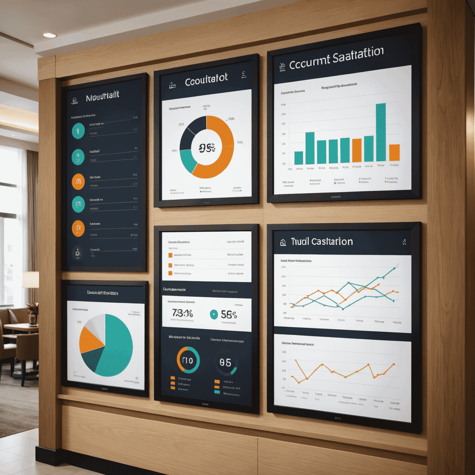 Imagen de gráficos y dashboards mostrando estadísticas de ocupación, ingresos y satisfacción del cliente en un hotel